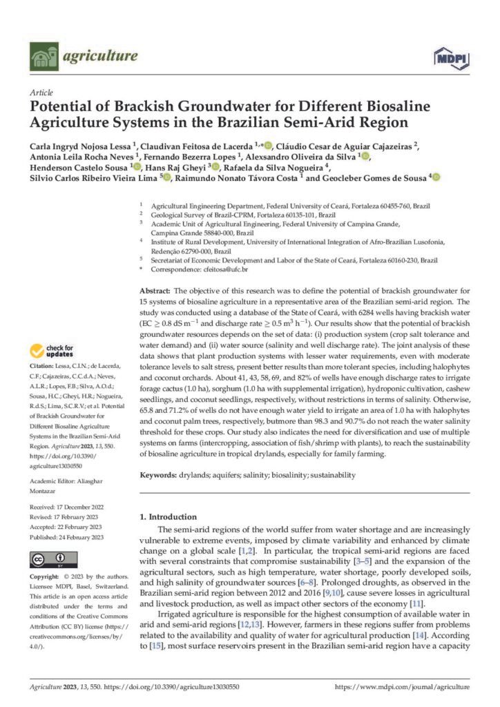 thumbnail of Potential of Brackish Groundwater for Different Biosaline Agriculture Systems in the Brazilian Semi-Arid Region