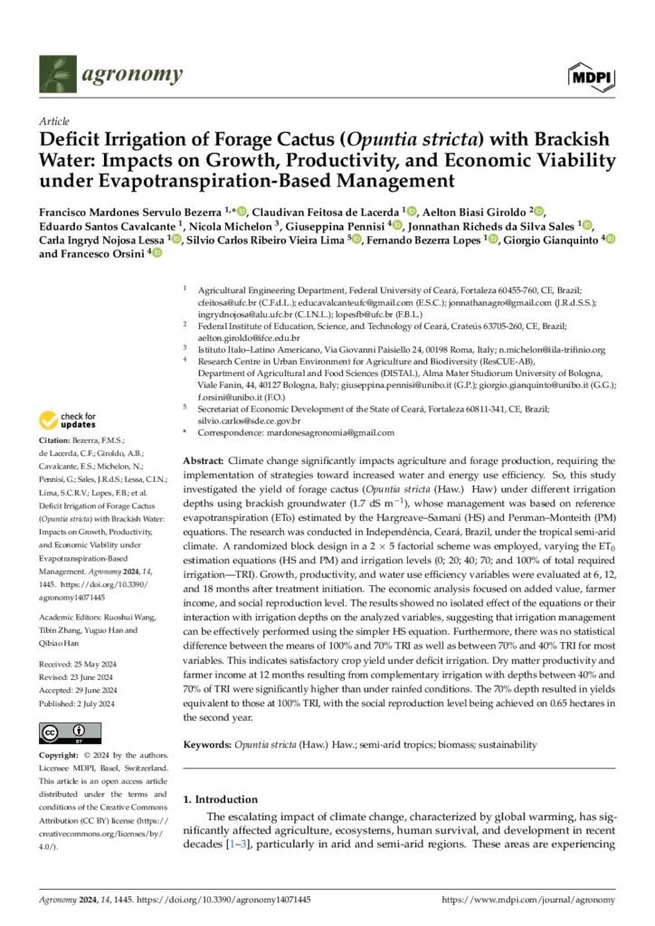 thumbnail of Deficit Irrigation of Forage Cactus (Opuntia stricta) with Brackish Water: Impacts on Growth, Productivity, and Economic Viability under Evapotranspiration-Based Management