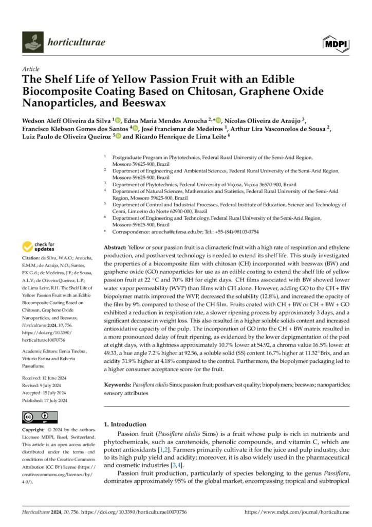 thumbnail of The Shelf Life of Yellow Passion Fruit with an Edible Biocomposite Coating Based on Chitosan, Graphene Oxide Nanoparticles, and Beeswax