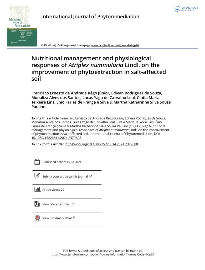 thumbnail of Nutritional management and physiological responses of Atriplex nummularia Lindl. on the improvement of phytoextraction in salt-affected soil