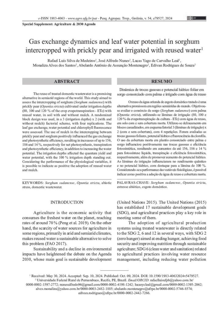 thumbnail of Gas exchange dynamics and leaf water potential in sorghum intercropped with prickly pear and irrigated with reused water