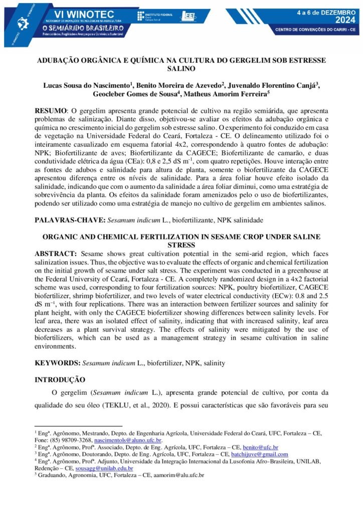 thumbnail of Adubação orgânica e quimica no gergelim sob estresse salino