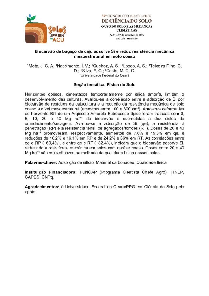 thumbnail of Biocarvão de bagaço de caju adsorve Si e reduz resistência mecânica