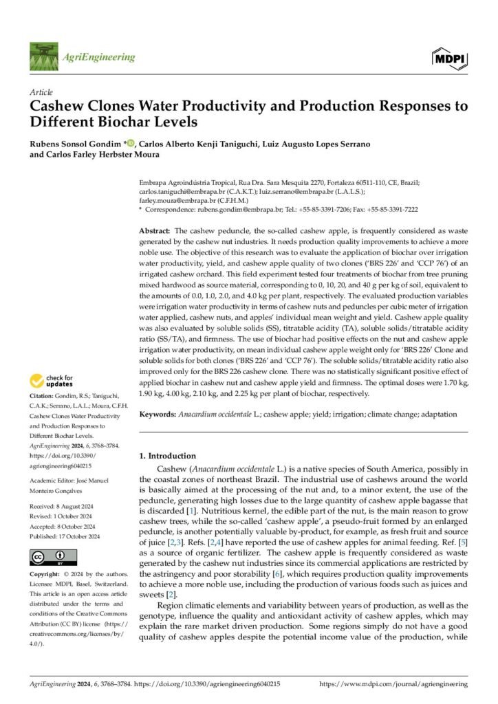 thumbnail of Cashew Clones Water Productivity and Production Responses to