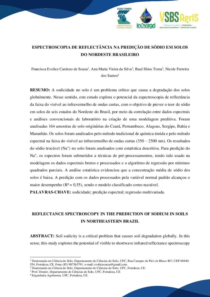 thumbnail of ESPECTROSCOPIA DE REFLECTÂNCIA NA PREDIÇÃO DE SÓDIO EM SOLOS
