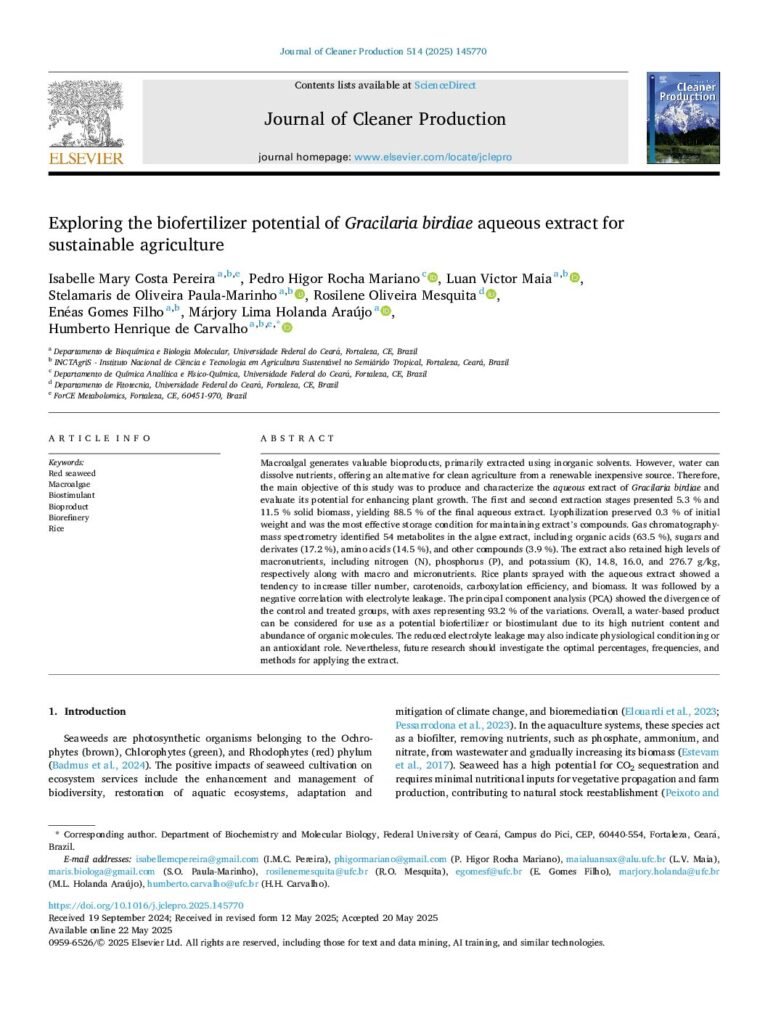 thumbnail of Exploring the biofertilizer potential of Gracilaria birdiae aqueous extract for