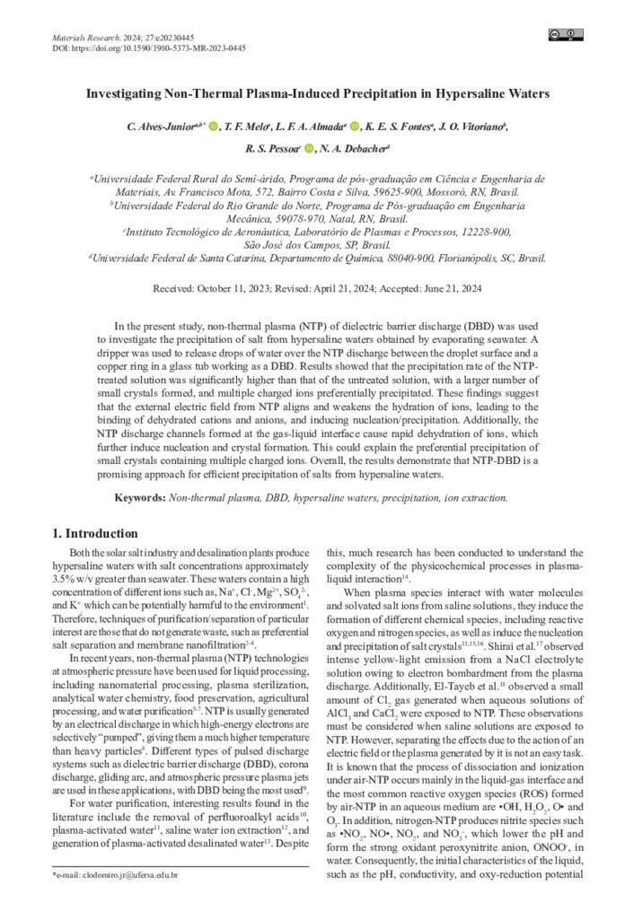 thumbnail of Investigating Non-Thermal Plasma-induced precipitation in hypersaline waters