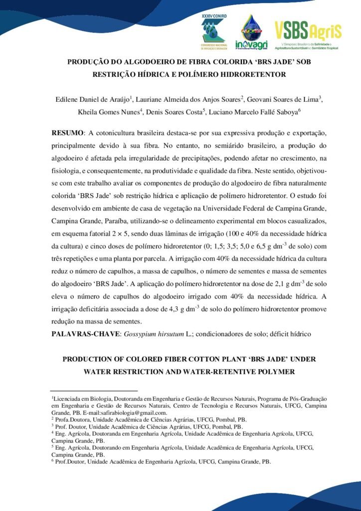 thumbnail of PRODUÇÃO DO ALGODOEIRO DE FIBRA COLORIDA ‘BRS JADE’ SOB RESTRIÇÃO HÍDRICA E POLÍMERO HIDRORETENTOR