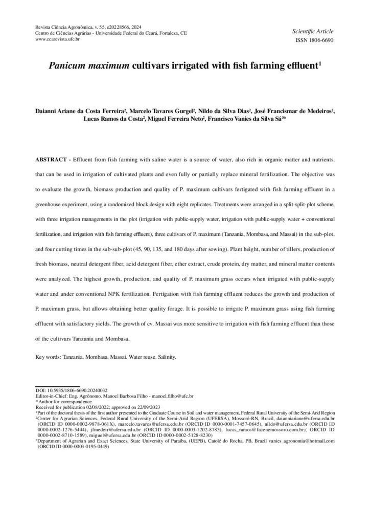 thumbnail of Panicum maximum cultivars irrigated with fi sh farming effl uent