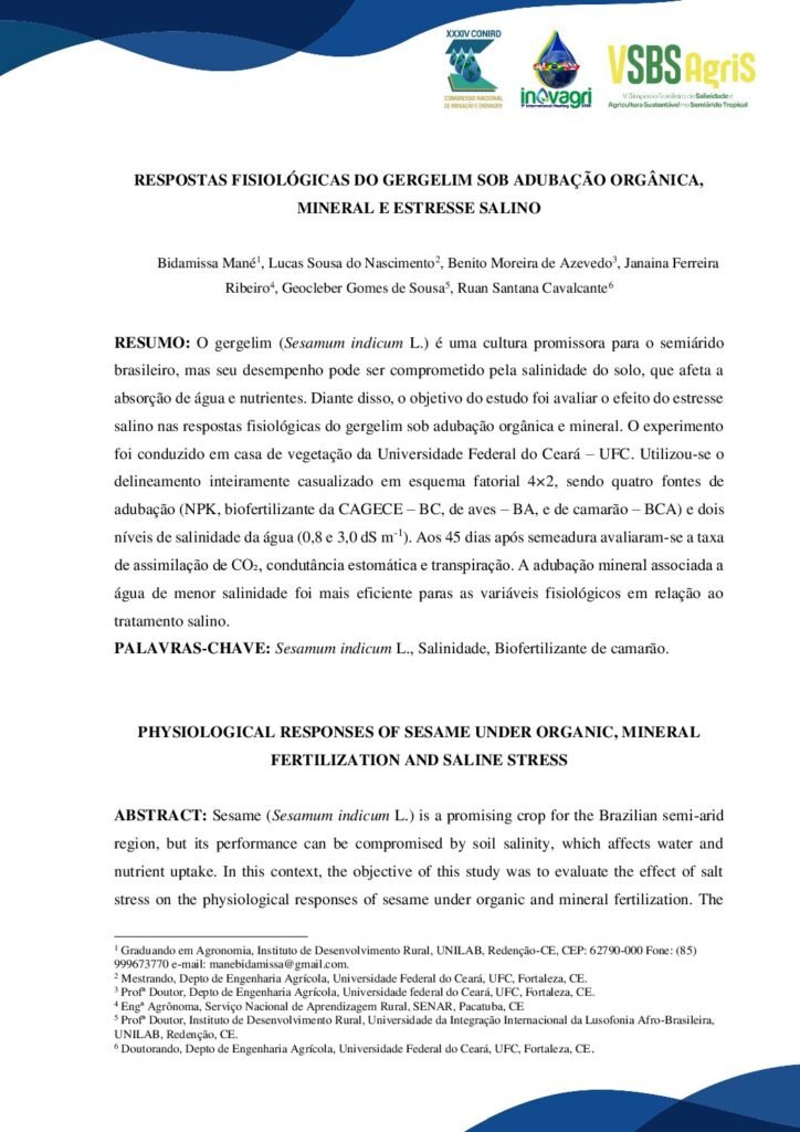 thumbnail of RESPOSTAS FISIOLÓGICAS DO GERGELIM SOB ADUBAÇÃO ORGÂNICA, MINERAL E ESTRESSE SALINO