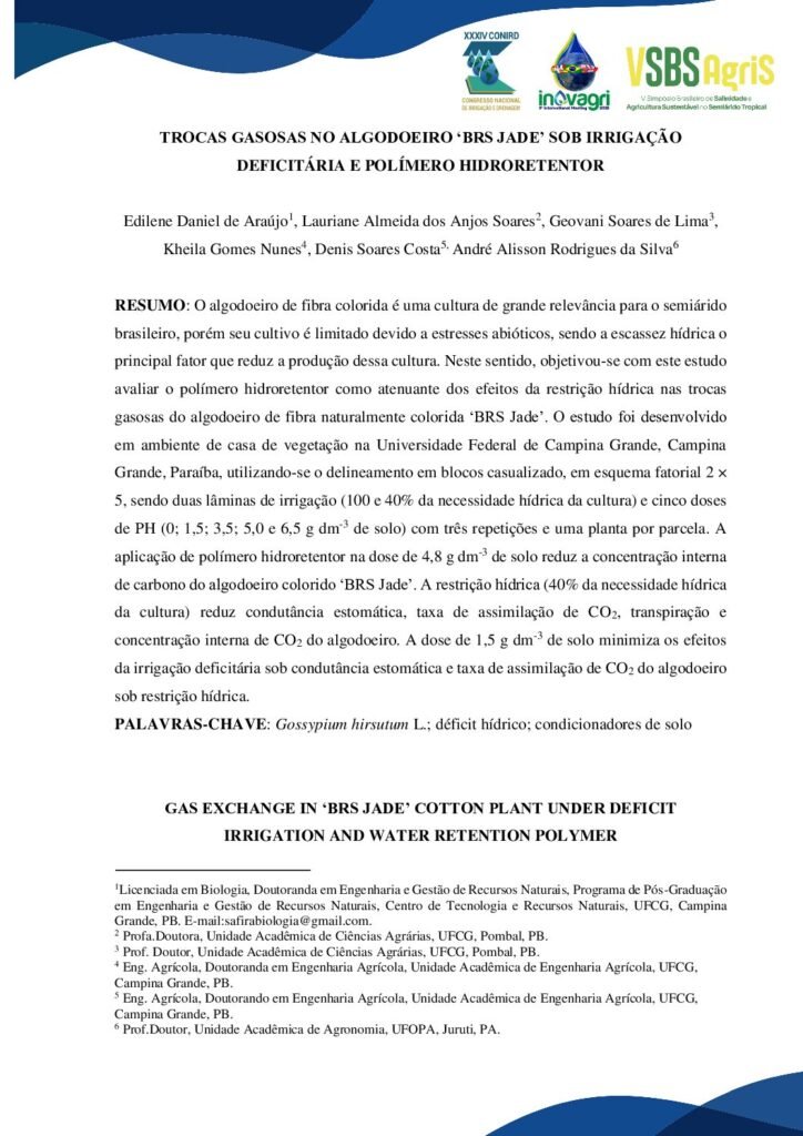thumbnail of TROCAS GASOSAS NO ALGODOEIRO ‘BRS JADE’ SOB IRRIGAÇÃO DEFICITÁRIA E POLÍMERO HIDRORETENTOR